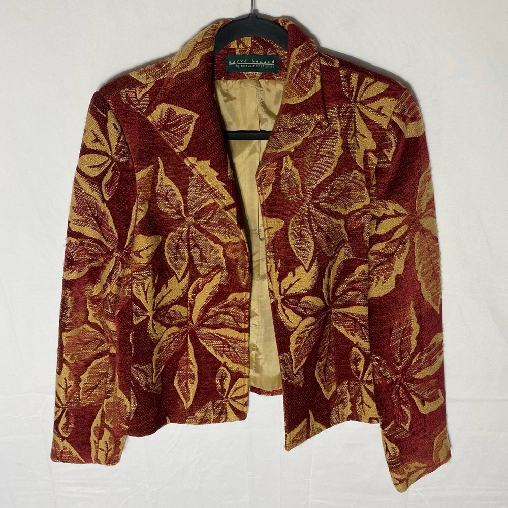 Harvé Benard Red Yellow Chenille Leaf Print Tapestry Open Front Blazer Jacket S